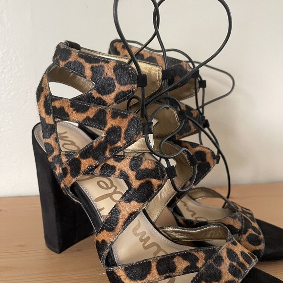 Sam Edelman Block Heels Strappy Sandals 8.5 Gladiator Dyed Cow Fur Leopard Print - Picture 2 of 11